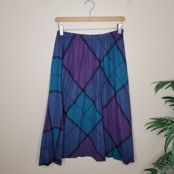 Vintage Take 1 | Purple Teal Plaid Midi Skirt Wool Blend Pull-On Waist - Picture 1 of 4